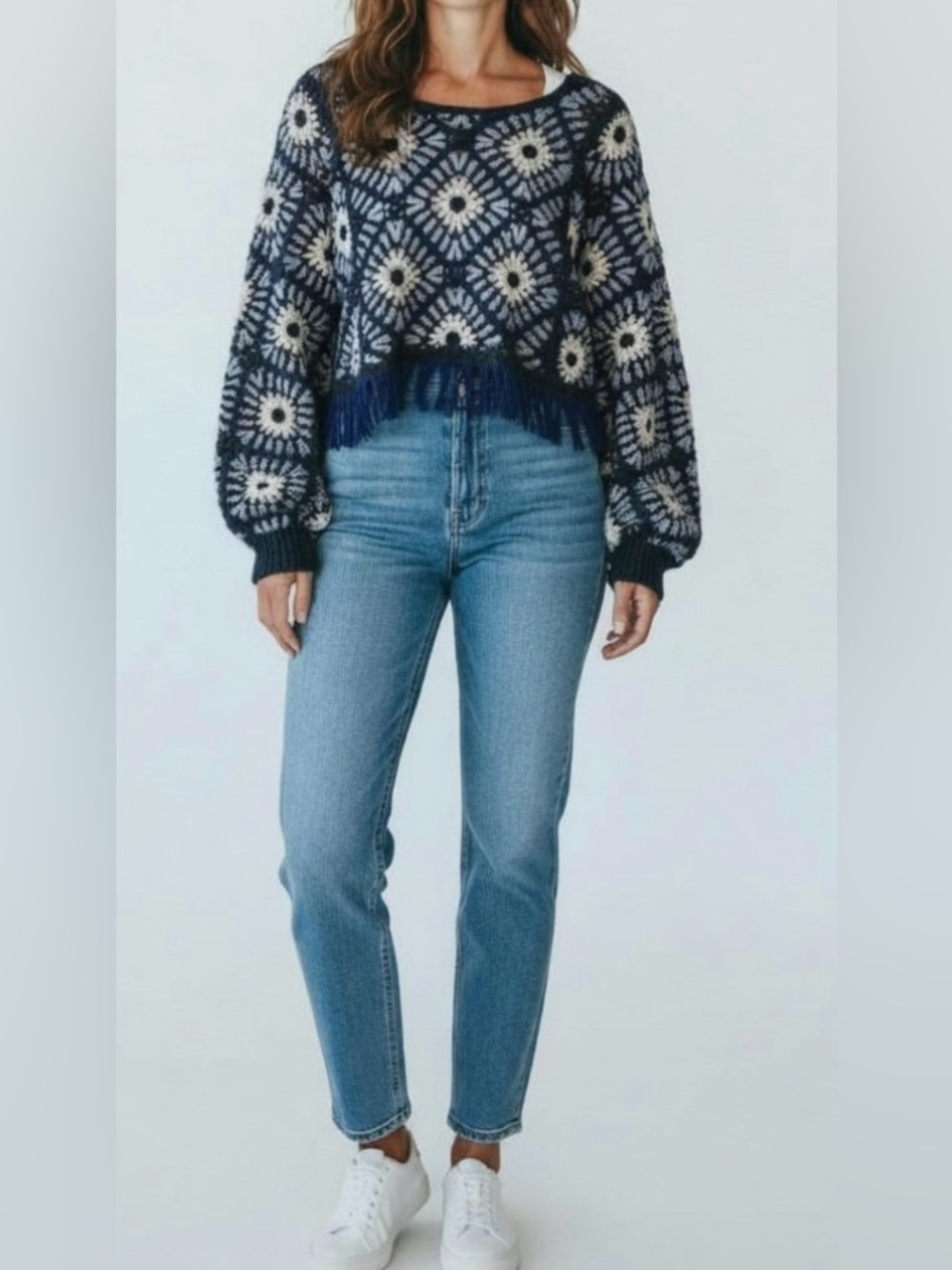 House of Harlow 1960 Navy, Light Blue & White Crochet Open Sweater - Size OS